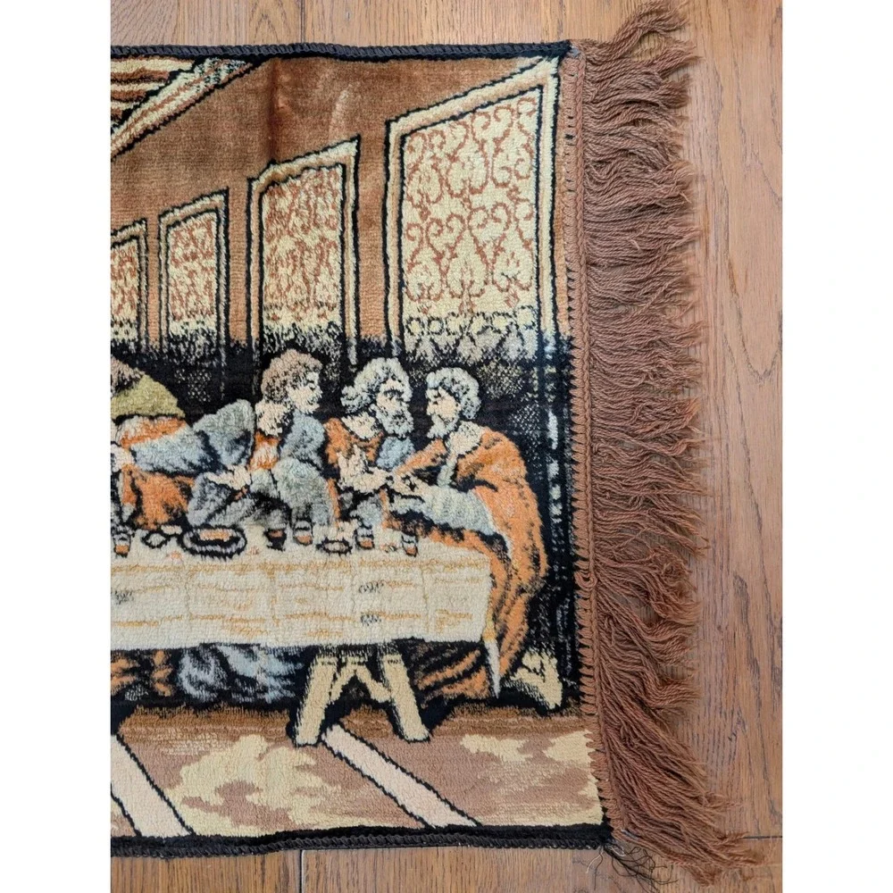 Vintage Last Supper Woven Tapestry Wall Hanging Fringe Religious‎ Decor Brown